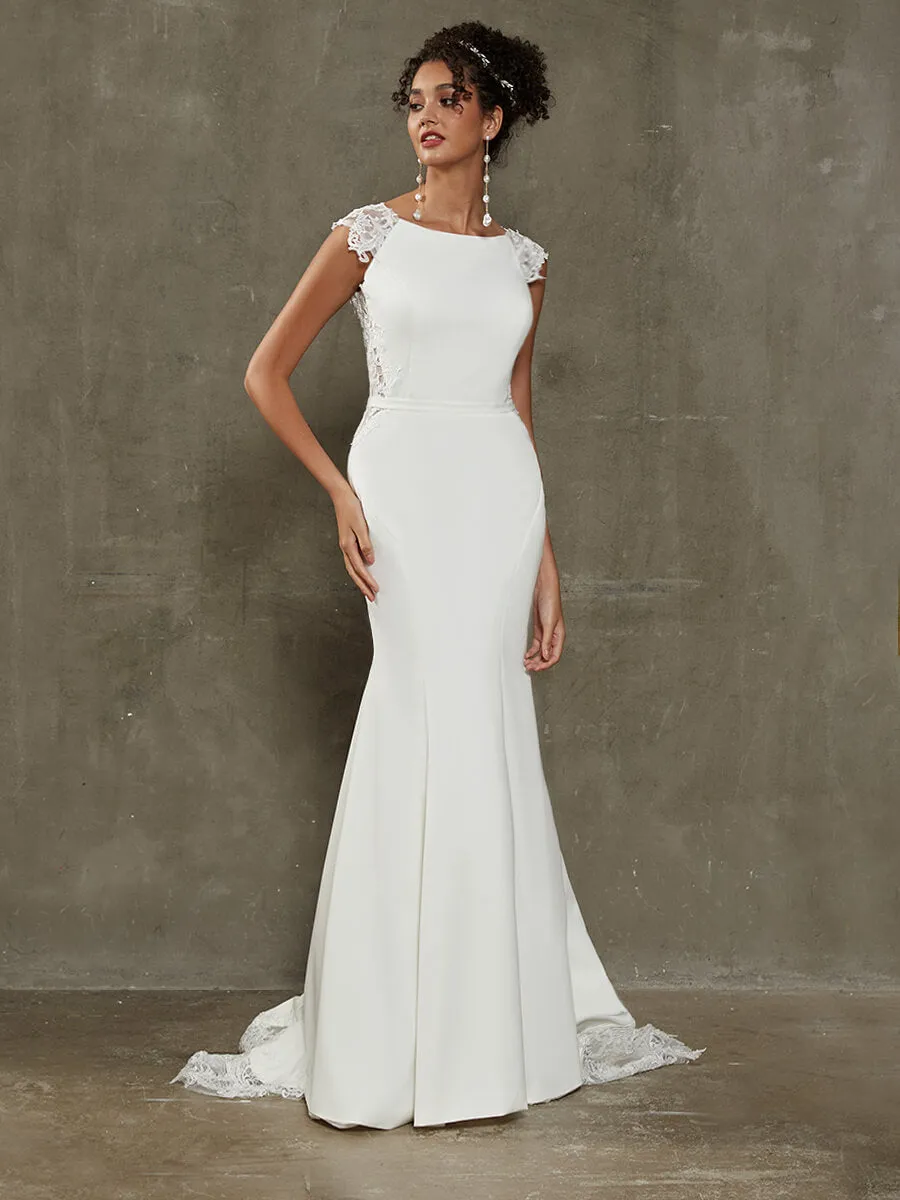 Double FDY Illusion Back Cap Sleeve Mermaid Wedding Gown With Lace Train