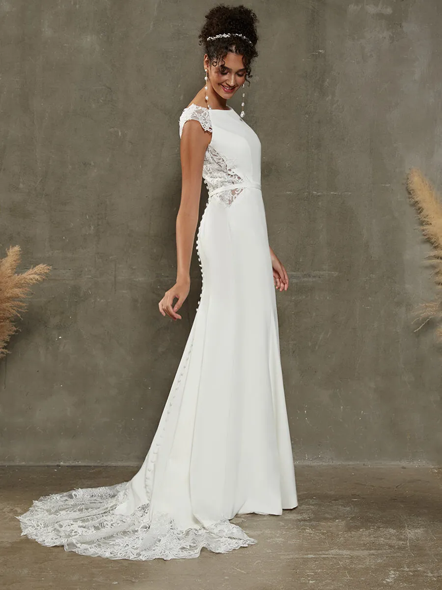 Double FDY Illusion Back Cap Sleeve Mermaid Wedding Gown With Lace Train