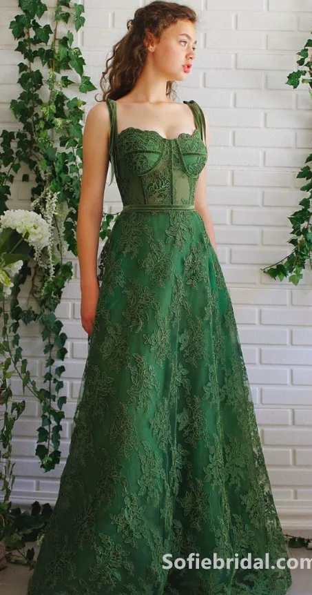Elegant And Cute Green Lace Spaghetti Straps Square Neck A-Line Long Prom Dress,SFPD0205