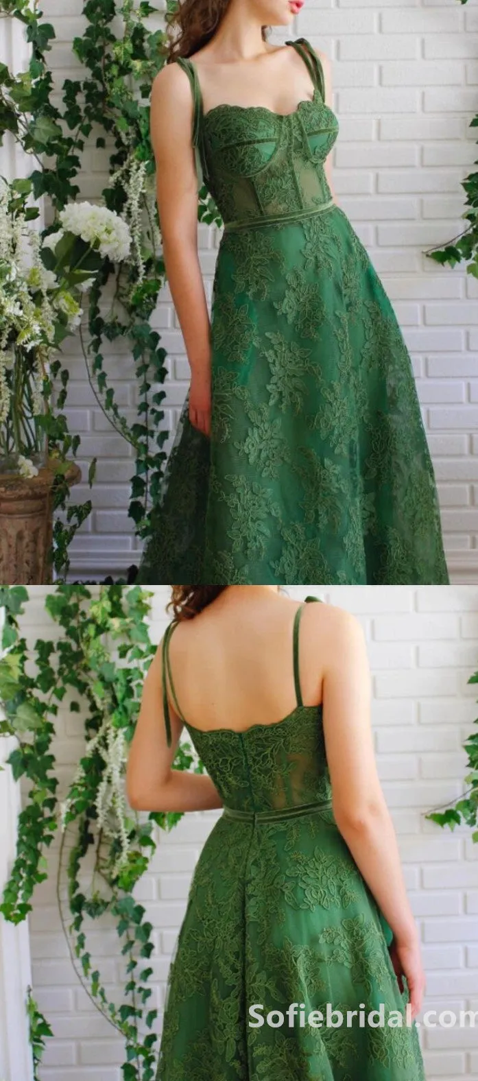 Elegant And Cute Green Lace Spaghetti Straps Square Neck A-Line Long Prom Dress,SFPD0205