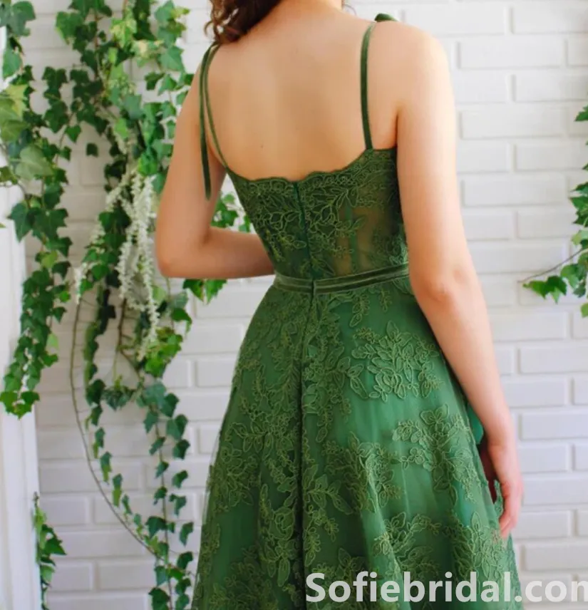 Elegant And Cute Green Lace Spaghetti Straps Square Neck A-Line Long Prom Dress,SFPD0205