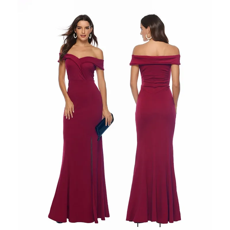 Elegant Off Shoulder Bridesmaid Dress With Slit Long Maxi Style