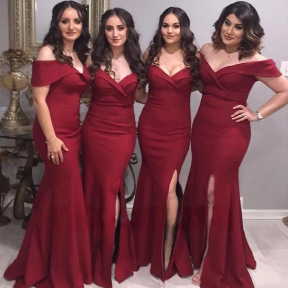 Elegant Off Shoulder Bridesmaid Dress With Slit Long Maxi Style