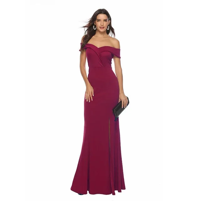 Elegant Off Shoulder Bridesmaid Dress With Slit Long Maxi Style