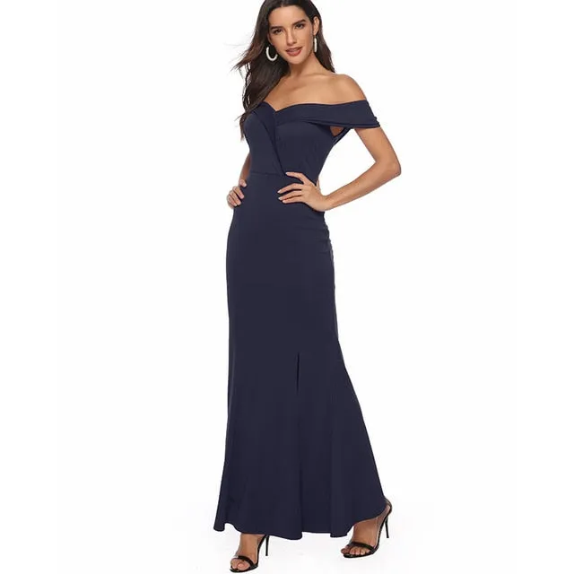 Elegant Off Shoulder Bridesmaid Dress With Slit Long Maxi Style