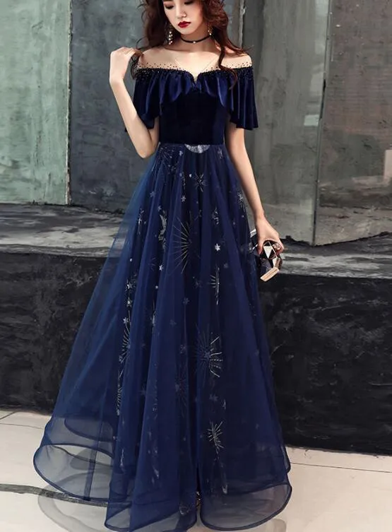 Elegant Velvet Bodice Tulle Long Formal Dress, Navy Blue Party Dress