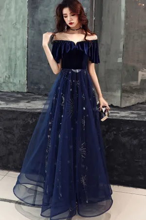 Elegant Velvet Bodice Tulle Long Formal Dress, Navy Blue Party Dress
