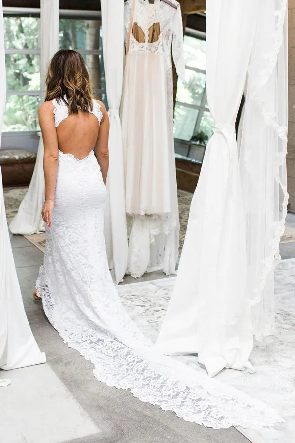Elegant White Lace Halter Mermaid Side Slit Wedding Dress with Sweep Train, SW207