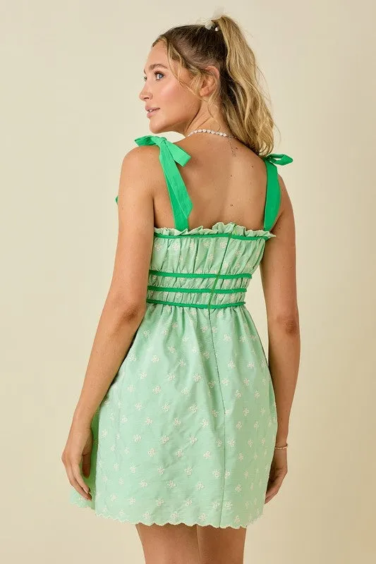 Embroidery Mini Dress With Tied Shoulder Strap