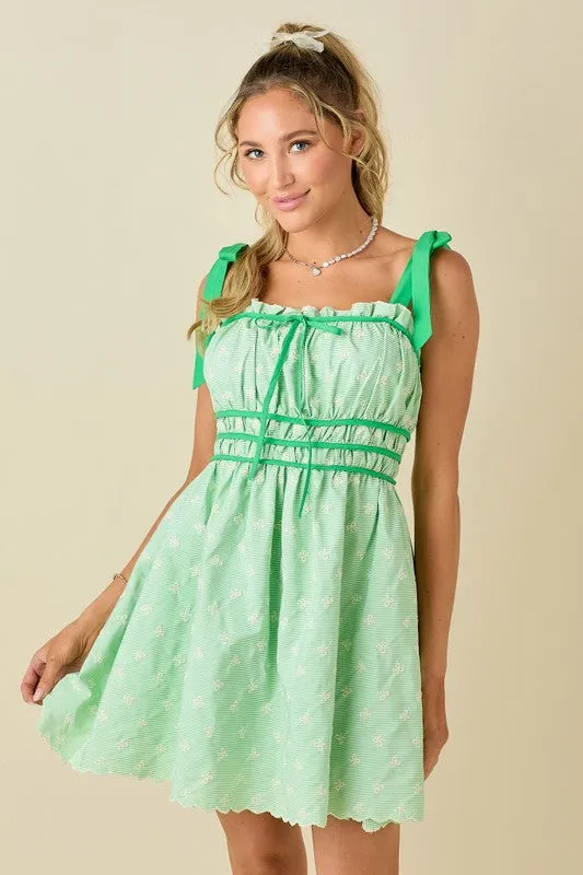 Embroidery Mini Dress With Tied Shoulder Strap