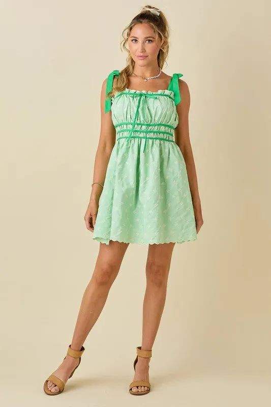 Embroidery Mini Dress With Tied Shoulder Strap