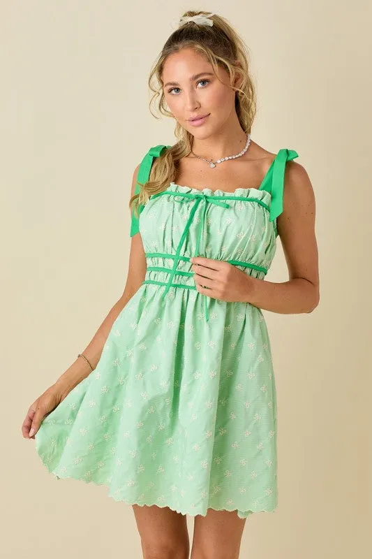 Embroidery Mini Dress With Tied Shoulder Strap