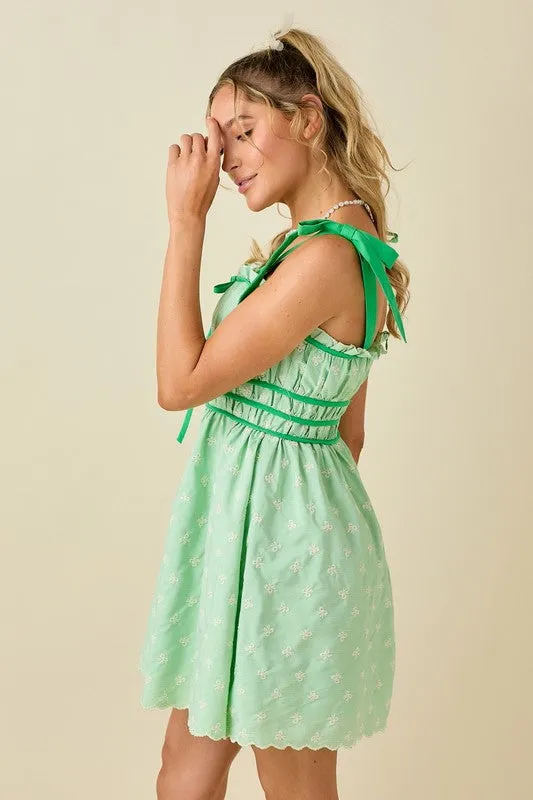 Embroidery Mini Dress With Tied Shoulder Strap
