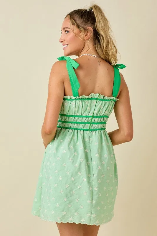 Embroidery Mini Dress With Tied Shoulder Strap