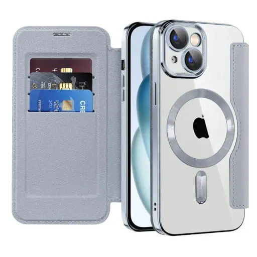 Etui Flip Wallet Magsafe iPhone 15 - Srebrny