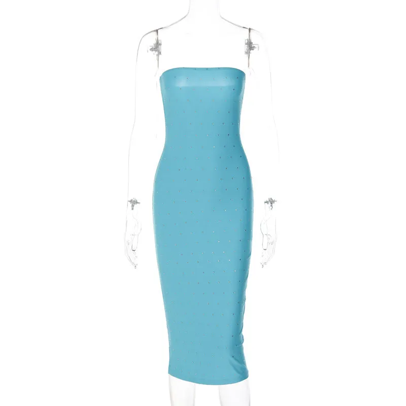 European and American Women's Clothing Foreign Trade New Solid Color Elegant Boat-Neck Mid-Skirt Slim Fit Rhinestone Dress Women's Amazon Wholesale