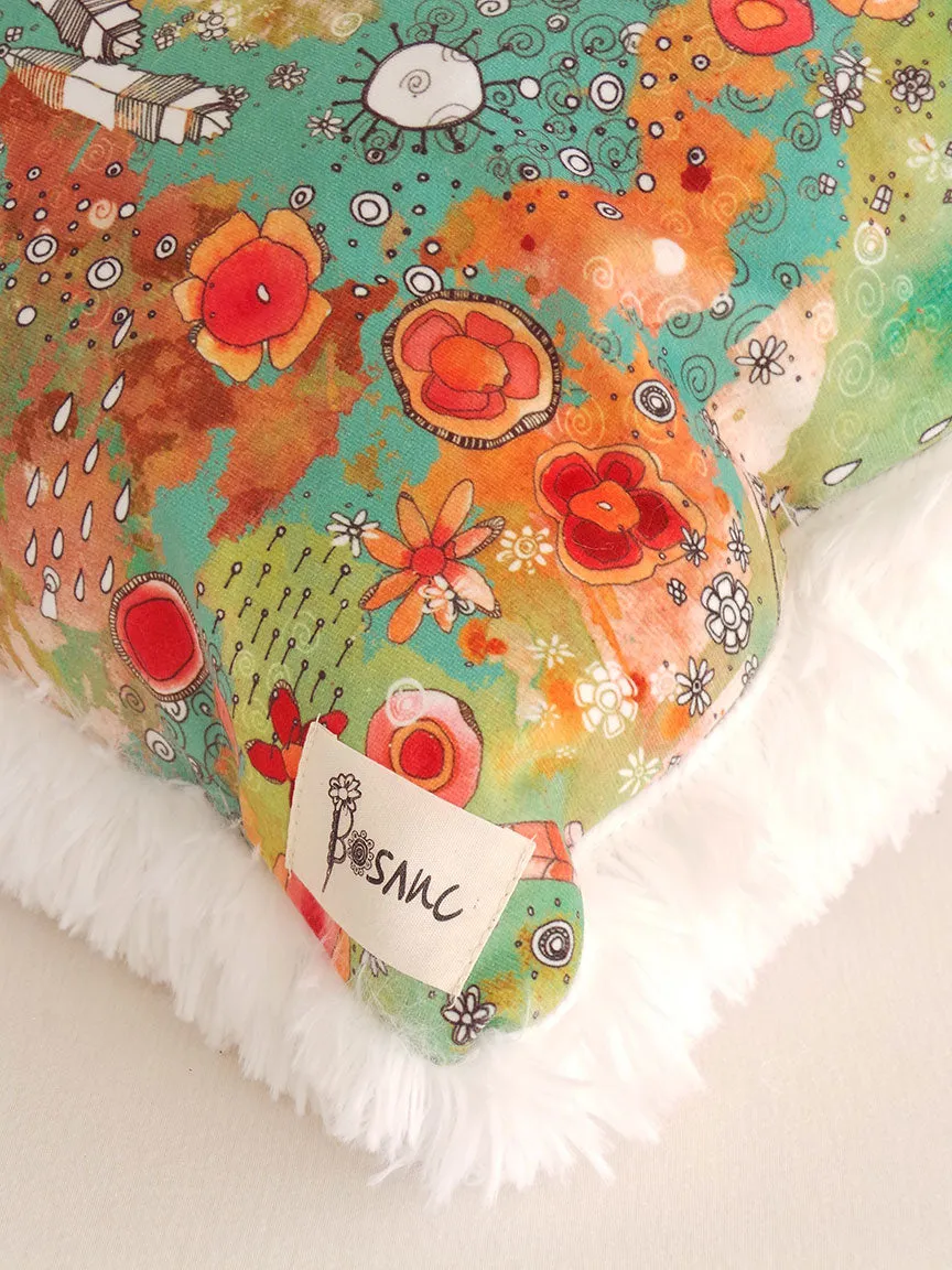'feathers, flowers, showers' shag art pillow
