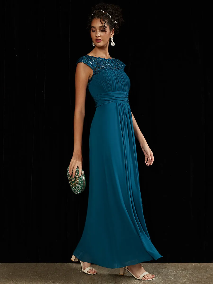 [Final Sale] Lace Open Back Floor Length Silky Chiffon Formal Evening Mother Dress