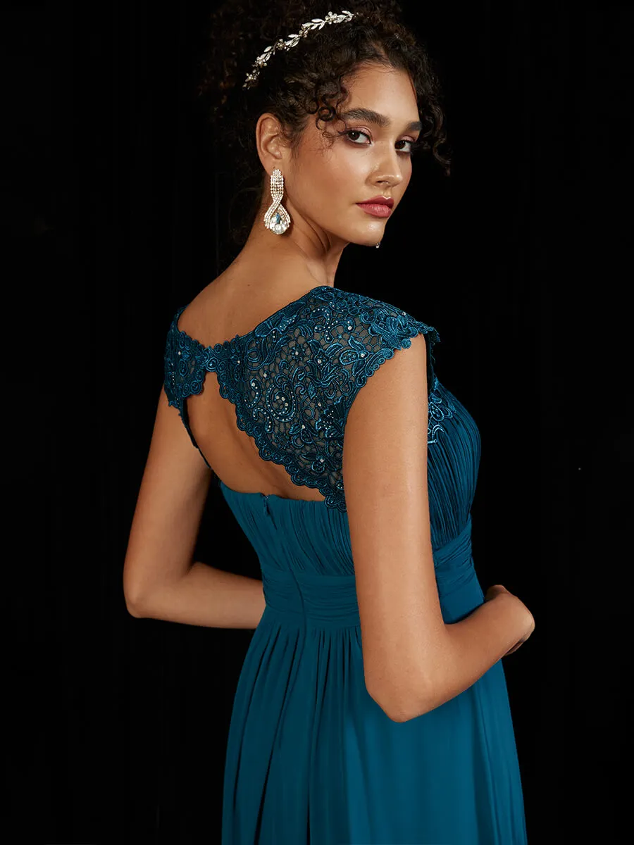 [Final Sale] Lace Open Back Floor Length Silky Chiffon Formal Evening Mother Dress