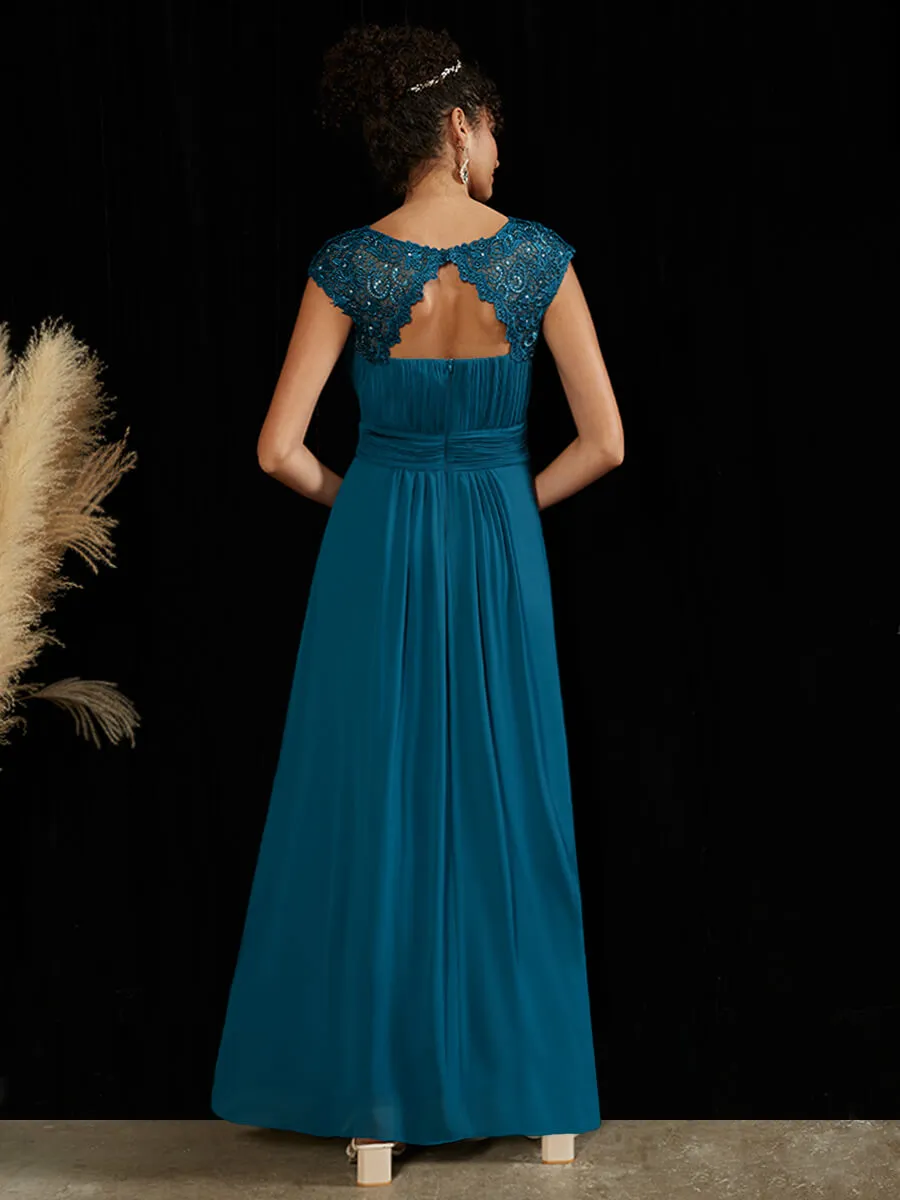 [Final Sale] Lace Open Back Floor Length Silky Chiffon Formal Evening Mother Dress