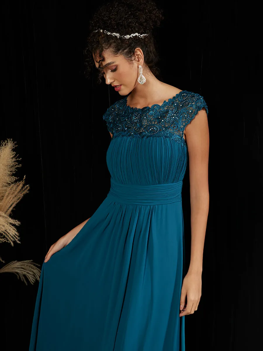 [Final Sale] Lace Open Back Floor Length Silky Chiffon Formal Evening Mother Dress