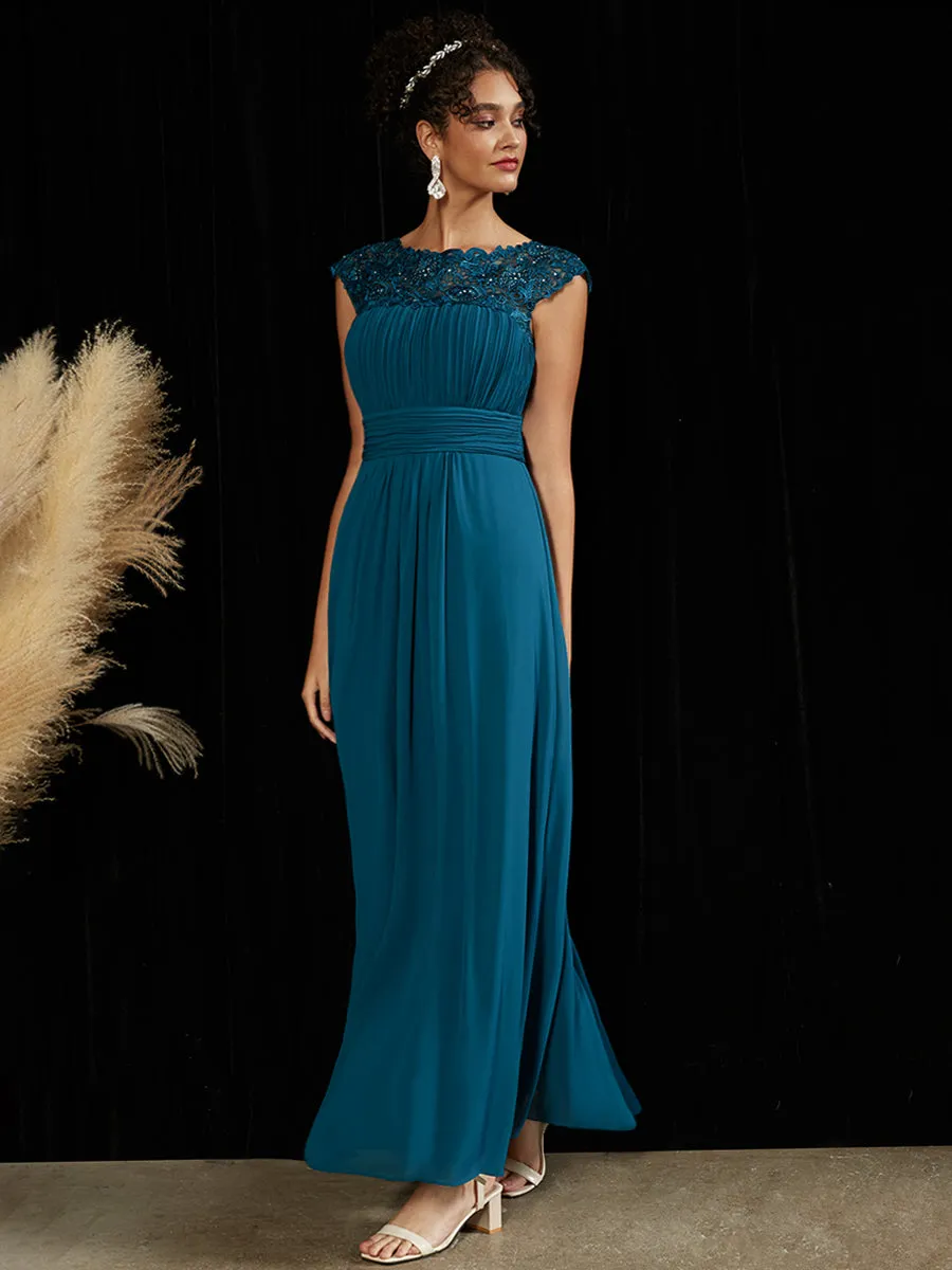 [Final Sale] Lace Open Back Floor Length Silky Chiffon Formal Evening Mother Dress