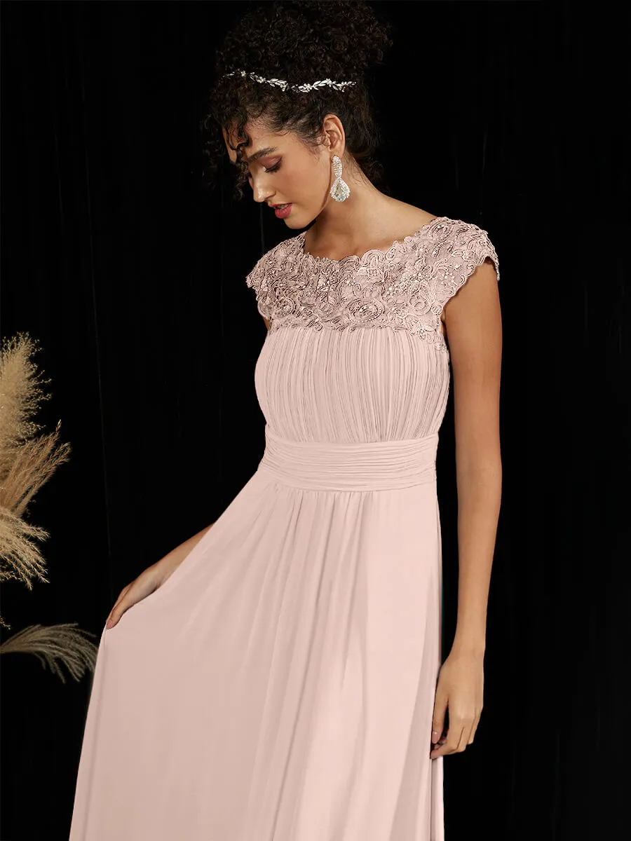 [Final Sale] Pearl Pink Lace Open Back Floor Length Silky Chiffon Formal Evening Mother Dress