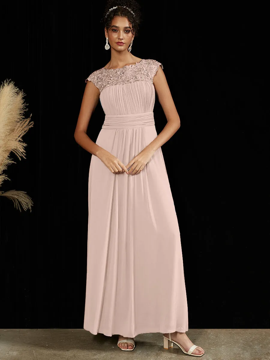 [Final Sale] Pearl Pink Lace Open Back Floor Length Silky Chiffon Formal Evening Mother Dress