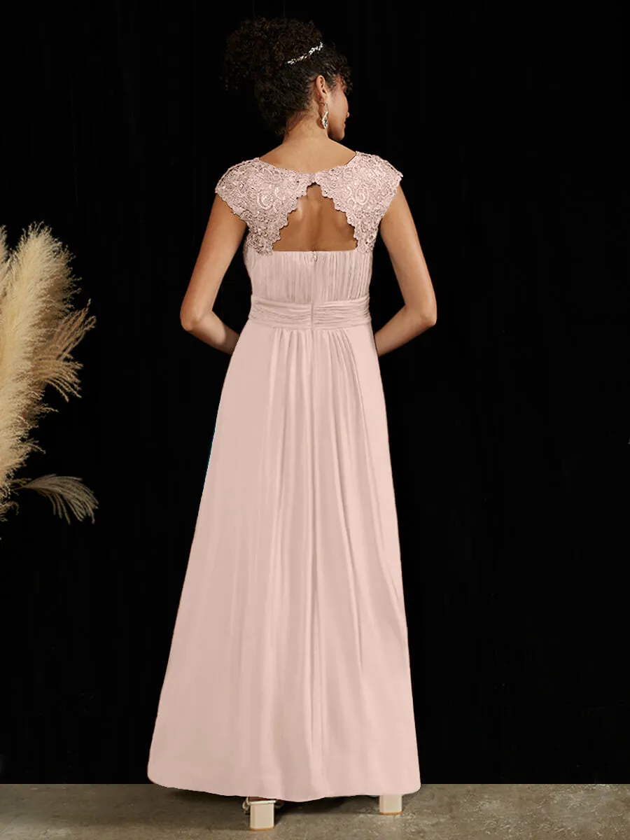 [Final Sale] Pearl Pink Lace Open Back Floor Length Silky Chiffon Formal Evening Mother Dress