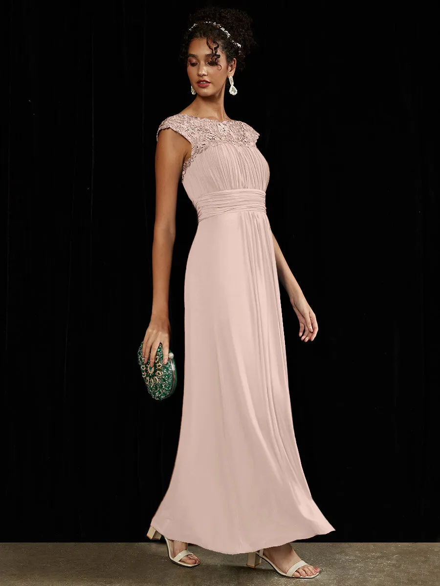 [Final Sale] Pearl Pink Lace Open Back Floor Length Silky Chiffon Formal Evening Mother Dress