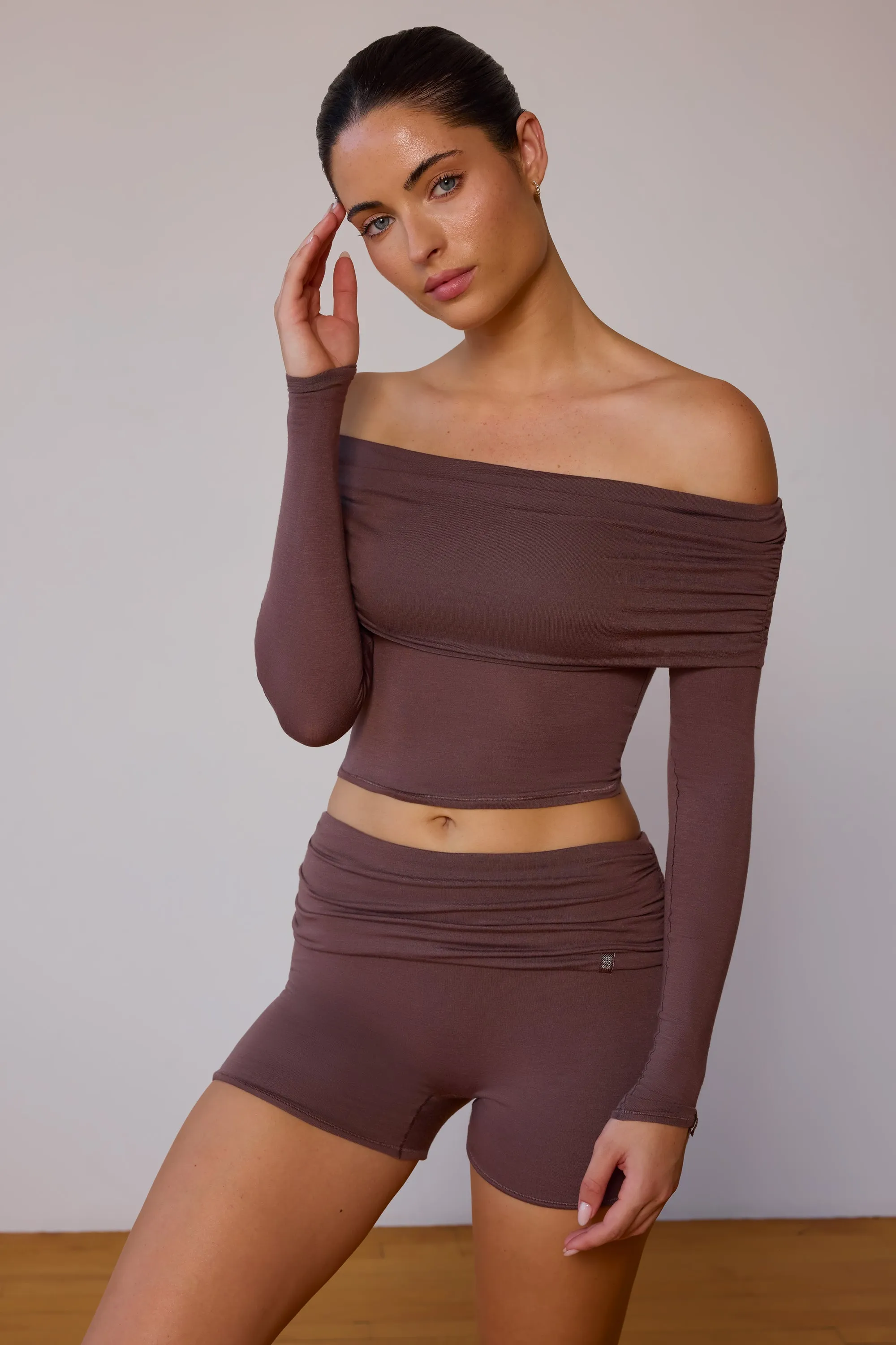 Fold-Over Mini Shorts in Taupe Brown
