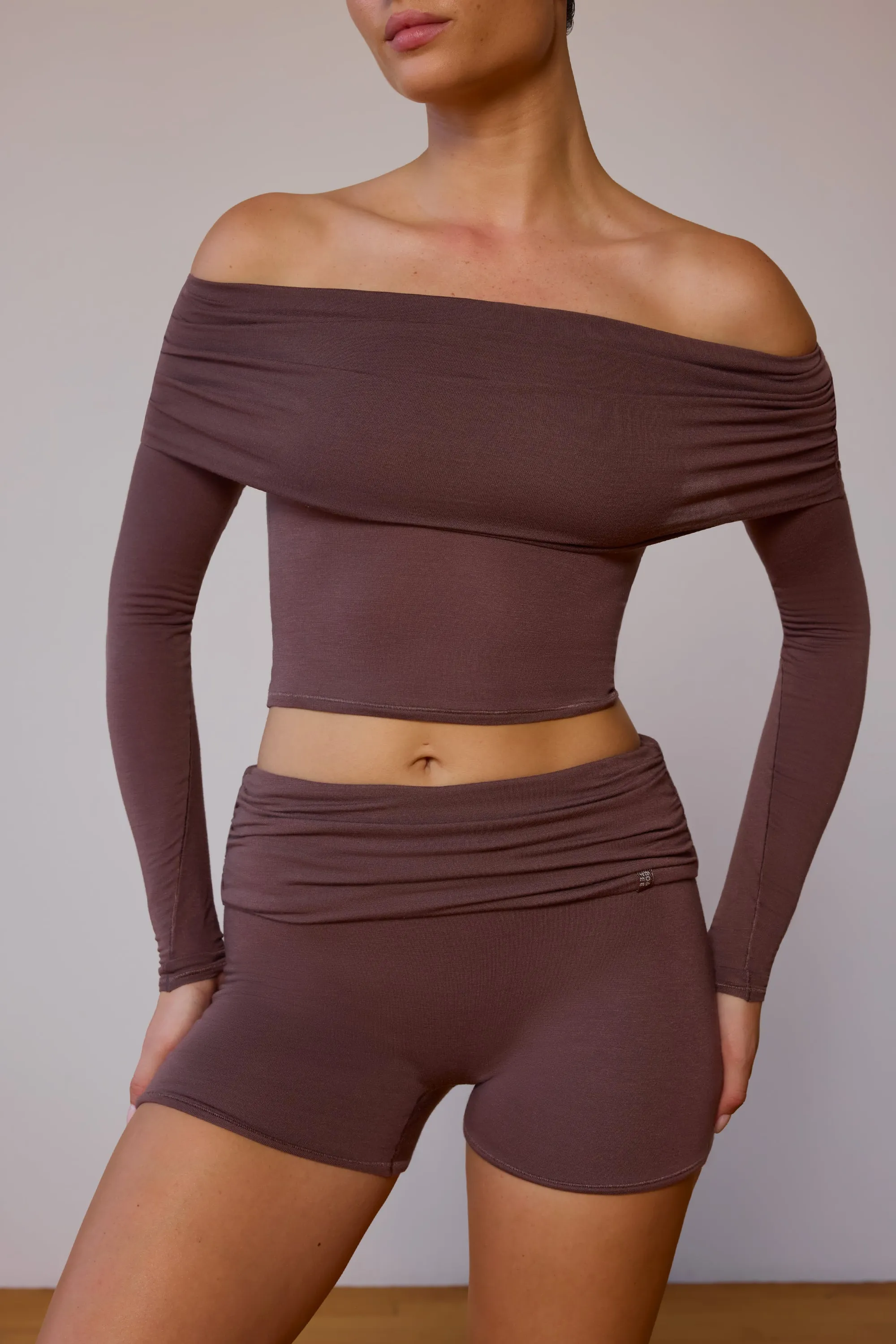 Fold-Over Mini Shorts in Taupe Brown