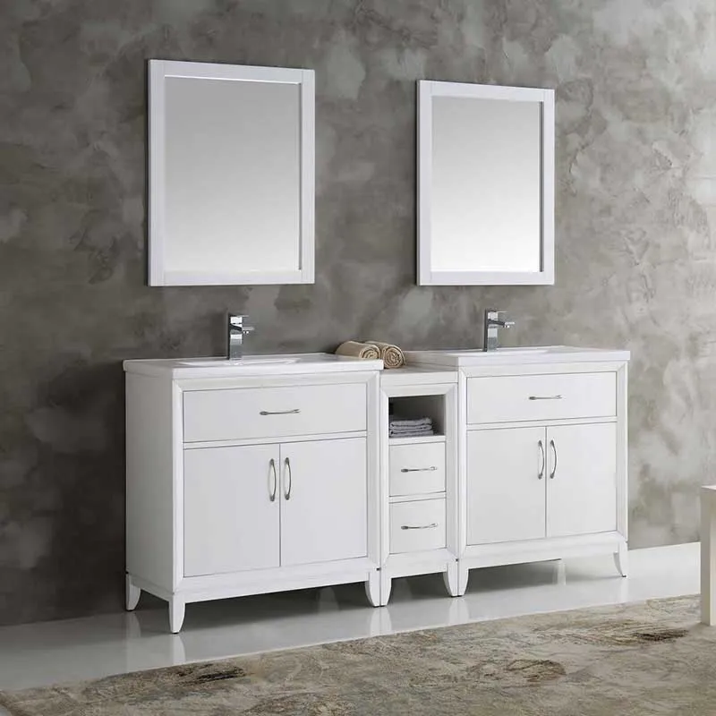Fresca Cambridge 72" White Double Sink Traditional Bathroom Vanity with Mirrors