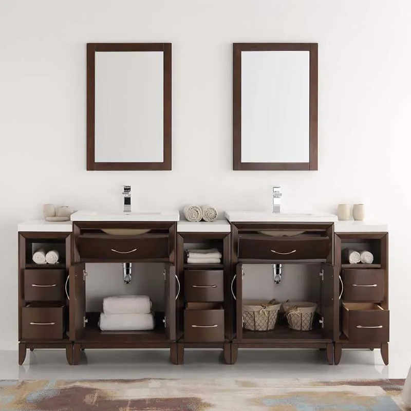 Fresca Cambridge 84" Antique Coffee Double Sink Traditional Bathroom Vanity with Mirrors
