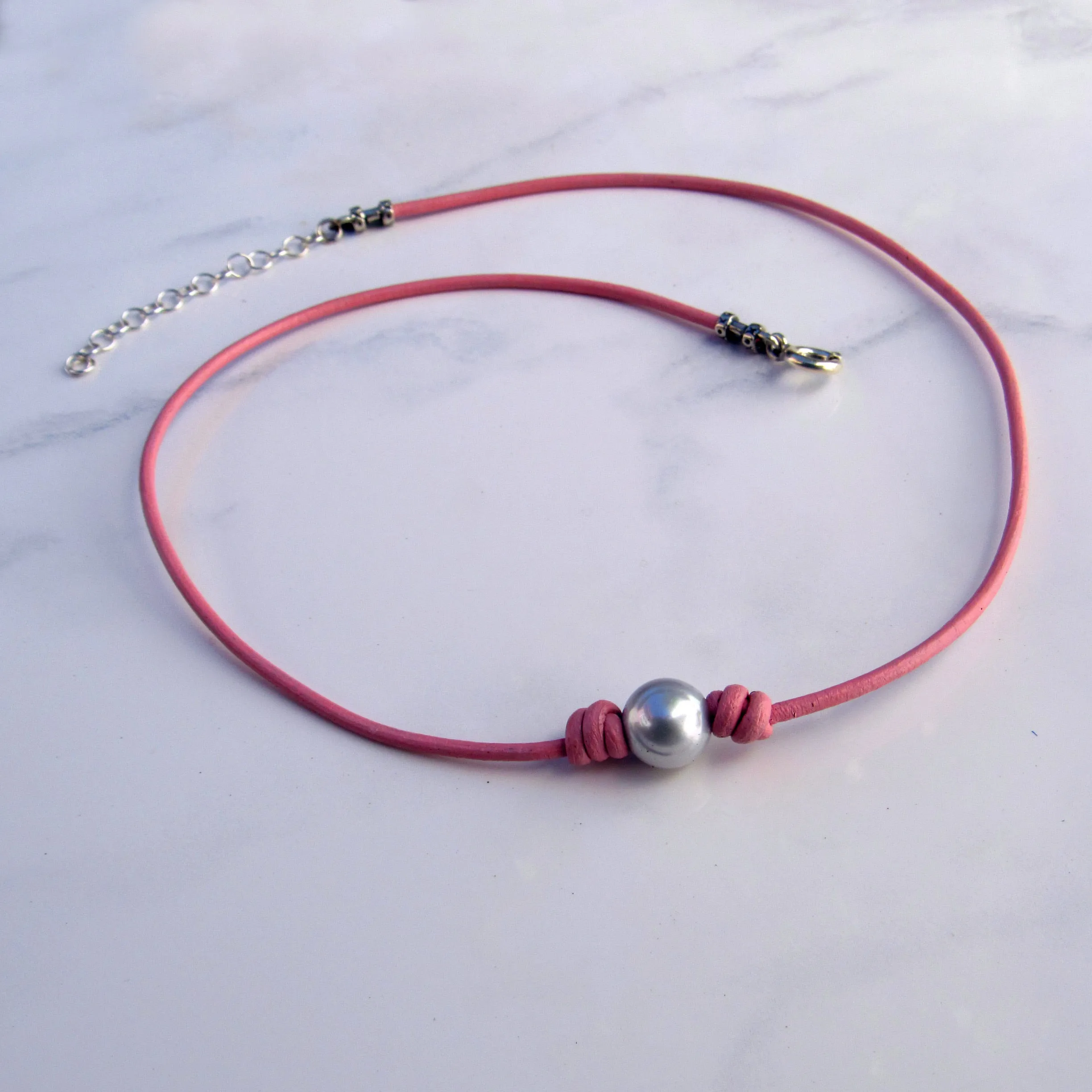 Freshwater Pearl Choker on Pink Leather with Sterling Silver Clasp