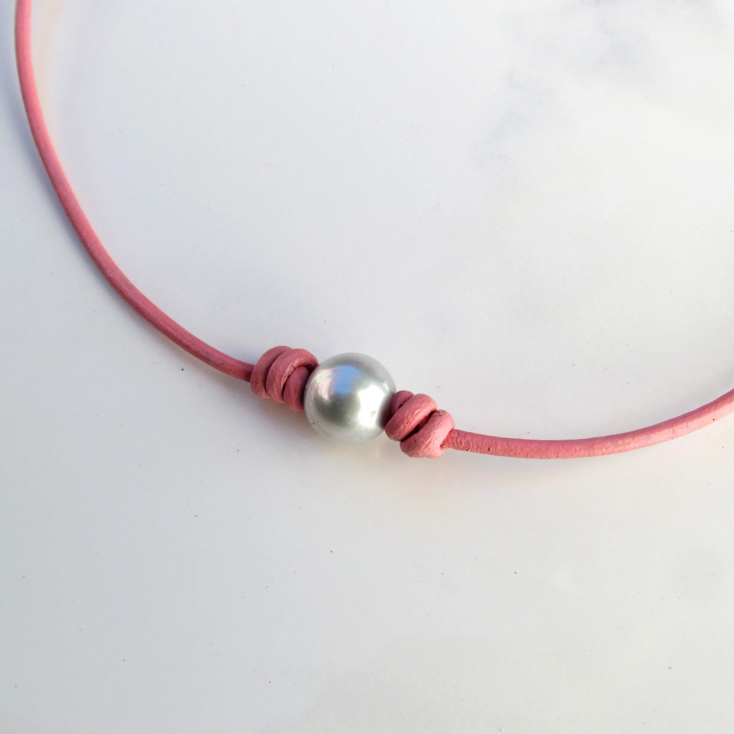 Freshwater Pearl Choker on Pink Leather with Sterling Silver Clasp