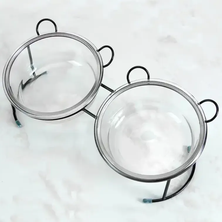 Glass Pet Food   Water Bowl - Meow/Woof Dual Dish Stand