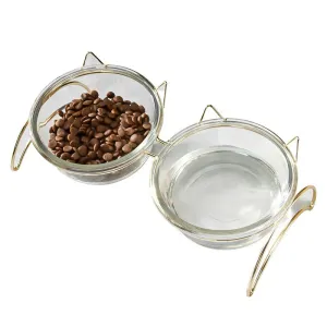 Glass Pet Food   Water Bowl - Meow/Woof Dual Dish Stand