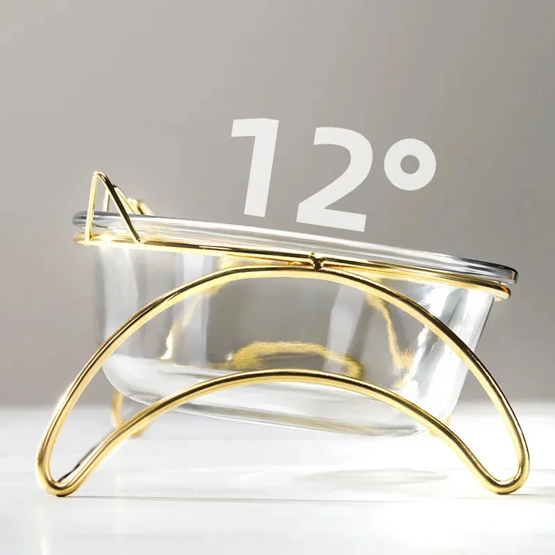 Glass Pet Food   Water Bowl - Meow/Woof Dual Dish Stand