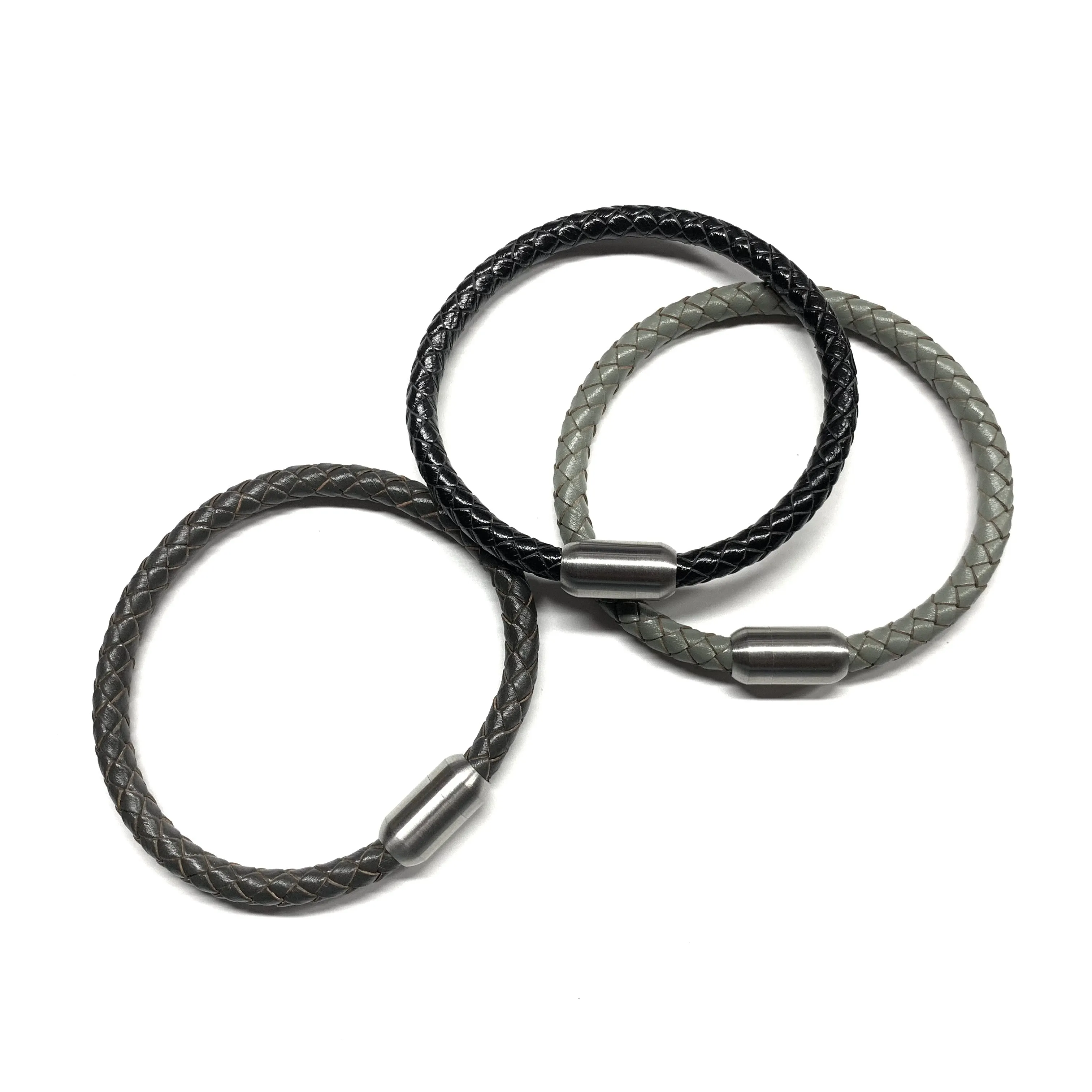 Gray Leather Men’s Bracelet Gunmetal Bullet Magnetic Clasp