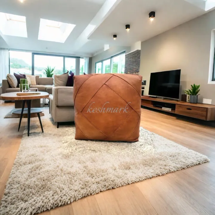Handmade Tufted Leather Ottoman Pouf| Unstuffed Home Decor  | square Coffee Table Footstool