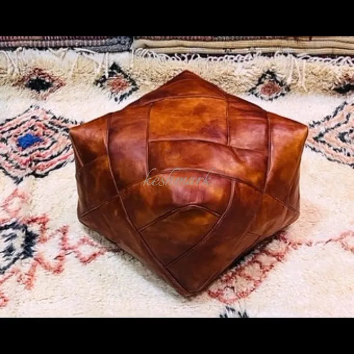 Handmade Tufted Leather Ottoman Pouf| Unstuffed Home Decor  | square Coffee Table Footstool