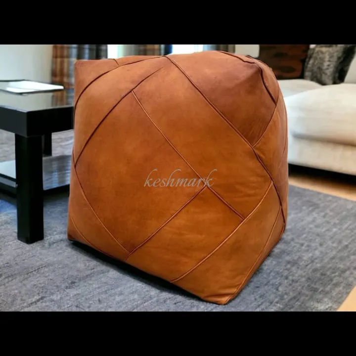 Handmade Tufted Leather Ottoman Pouf| Unstuffed Home Decor  | square Coffee Table Footstool