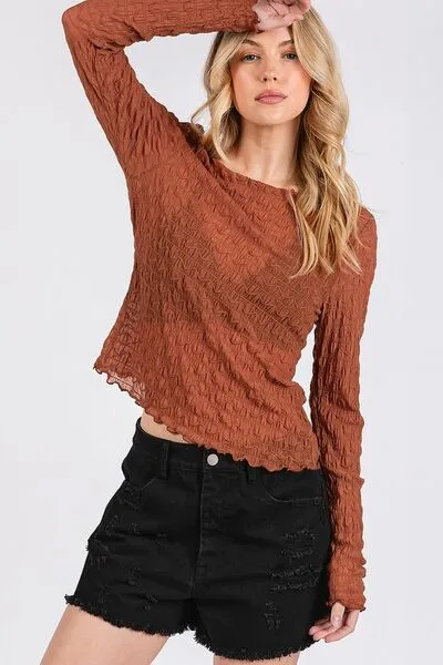 Hazel Blues® |  Mittoshop Lettuce Hem Boat Neck Long Sleeve Blouse