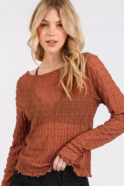 Hazel Blues® |  Mittoshop Lettuce Hem Boat Neck Long Sleeve Blouse