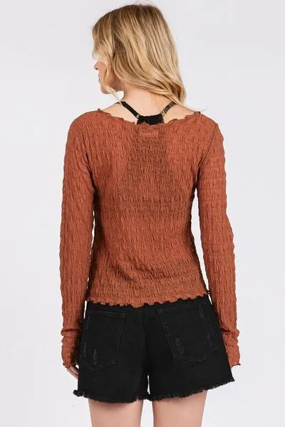 Hazel Blues® |  Mittoshop Lettuce Hem Boat Neck Long Sleeve Blouse