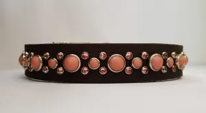 HB 1" Collar - Chocolate Leather / Pink Stones & Crystals