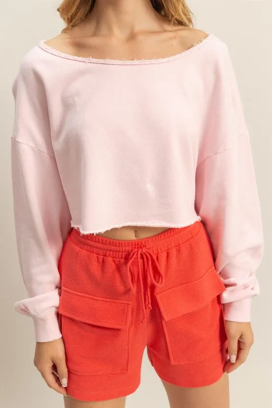 HYFVE Frayed Detail Boat Neck Long Sleeve Crop Top