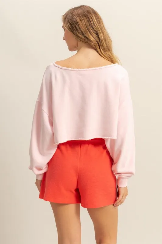 HYFVE Frayed Detail Boat Neck Long Sleeve Crop Top