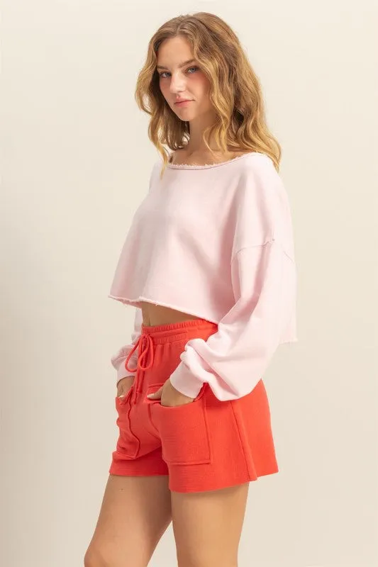 HYFVE Frayed Detail Boat Neck Long Sleeve Crop Top